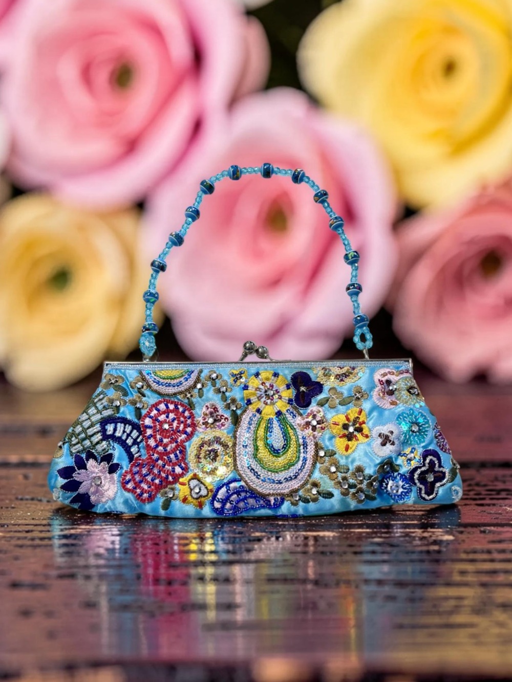 Blue Embroidered Beaded Frame Clutch
